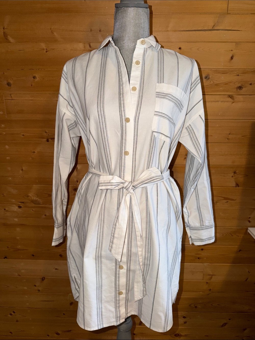 Women’s ATM Anthony Thomas Melillo White Cotton Shirt Dress with Gray Stripes